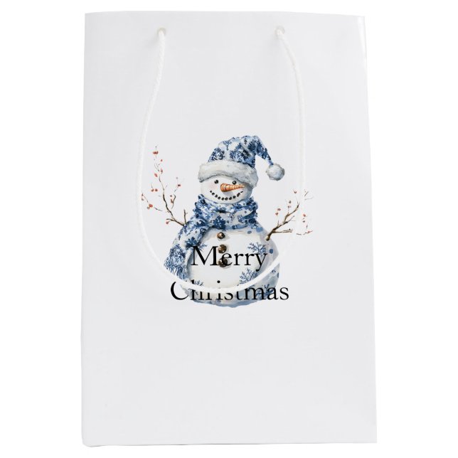 Chic Blue White Snowman Christmas Medium Gift Bag (Front)