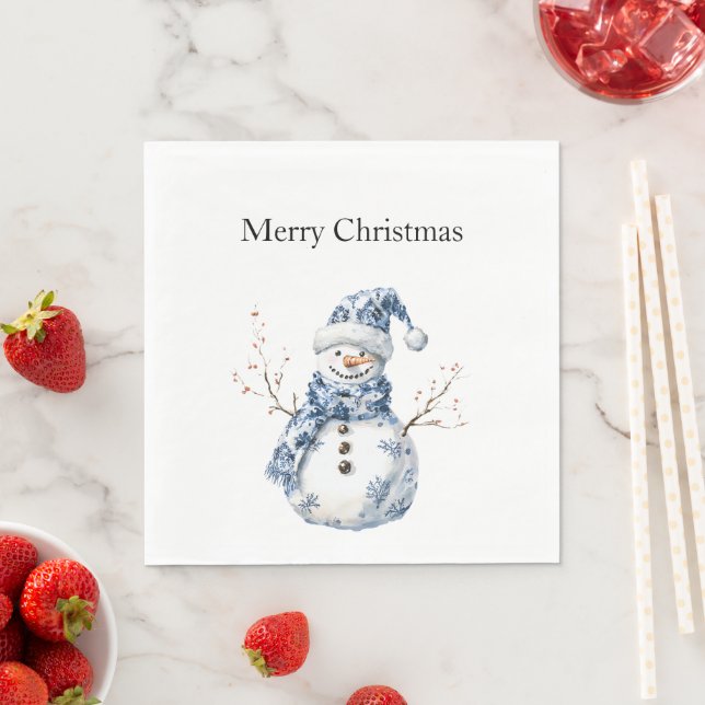 Chic Blue White Snowman Christmas Napkin (Insitu)