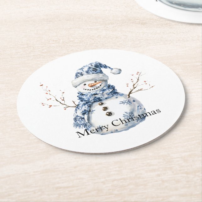Chic Blue White Snowman Christmas Round Paper Coaster (Angled)
