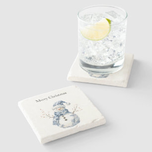 Chic Blue White Snowman Christmas Stone Coaster
