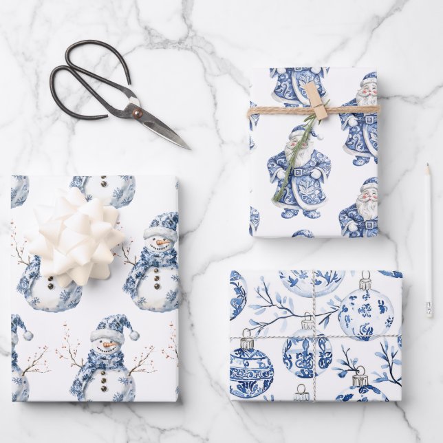 Chic Blue White Snowman Santa Christmas Wrapping Paper Sheet (Front)