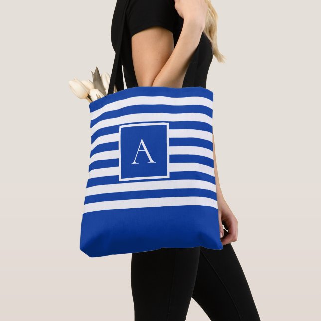 CHIC BLUE WHITE STRIPE Square Letter Monogram Tote Bag (Close Up)