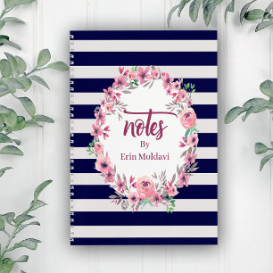 Chic Blue & White Striped Floral Frame Journal/ Notebook