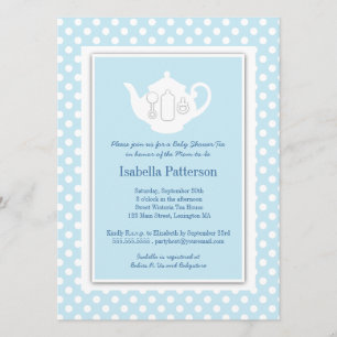 Chic Blue   White Teapot Baby Shower Tea Party Invitation