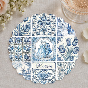 Chic Blue white toile de jouy Dolls and flowers Paper Coaster
