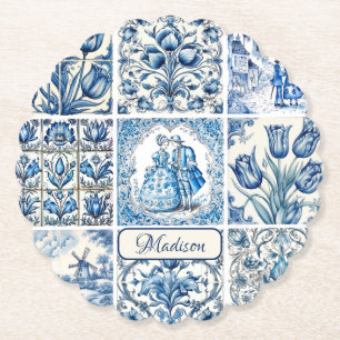 Chic Blue white toile de jouy Dolls and flowers Paper Coaster