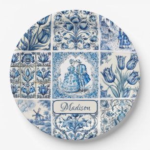 Chic Blue white toile de jouy Dolls and flowers  Paper Plate