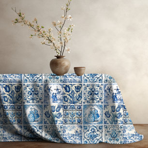 Chic Blue white toile de jouy Dolls and flowers  Tablecloth