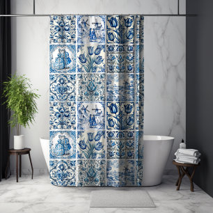 Chic Blue White Toile De Jouy Dolls Flowers Shower Curtain