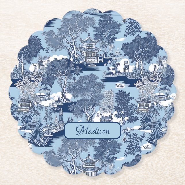 Chic Blue white willow chinoiserie cottage  Paper Coaster (Front)