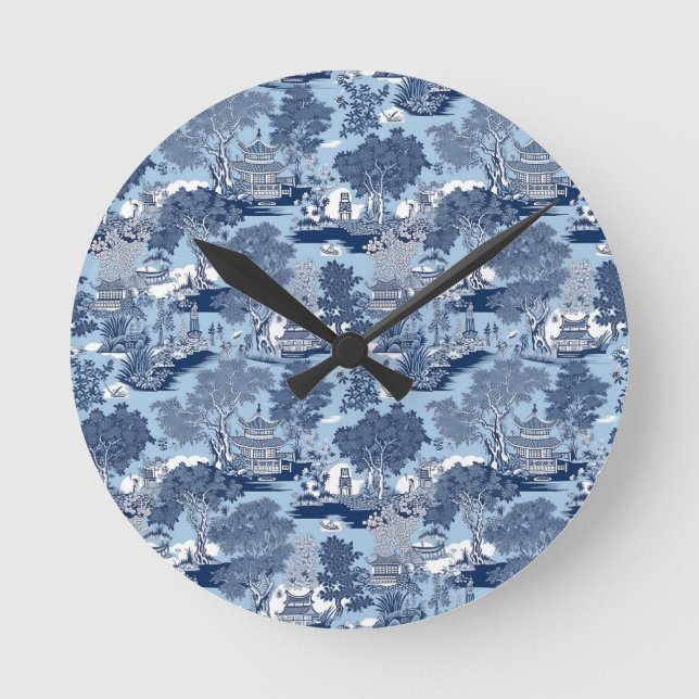 Chic Blue white willow chinoiserie cottage  Round Clock (Front)