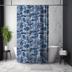 Chic Blue white willow chinoiserie cottage  Shower Curtain
