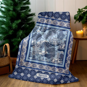 Chic Blue white willow chinoiserie toile monogram Fleece Blanket