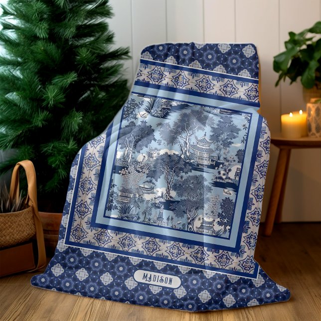 Chic Blue white willow chinoiserie toile monogram Fleece Blanket (Creator Uploaded)