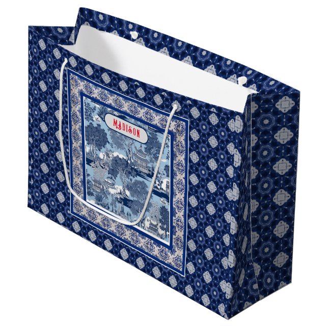 Chic Blue white willow chinoiserie toile monogram Large Gift Bag (Front Angled)