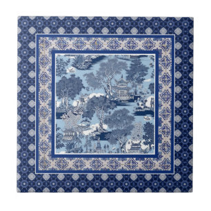 Chic Blue white willow chinoiserie toile monogram Tile