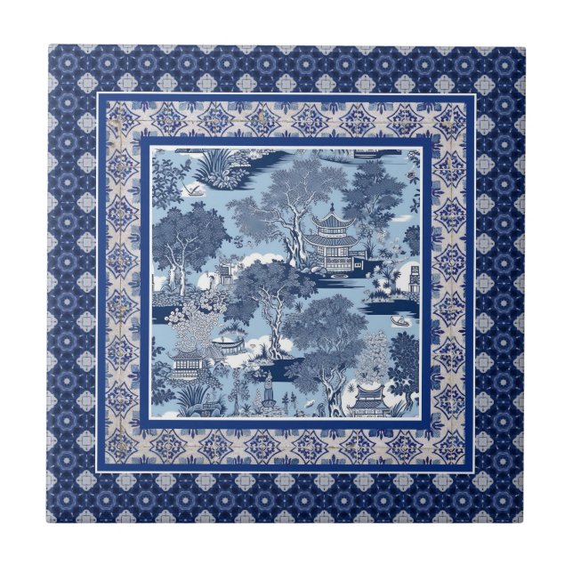 Chic Blue white willow chinoiserie toile monogram Tile (Front)