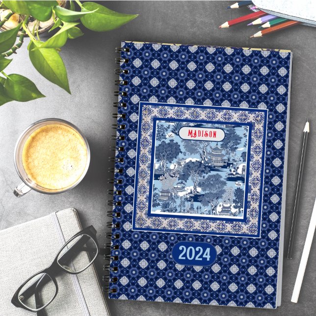 Chic Blue White Willow Toile Chinoiserie Monogram Planner (Creator Uploaded)