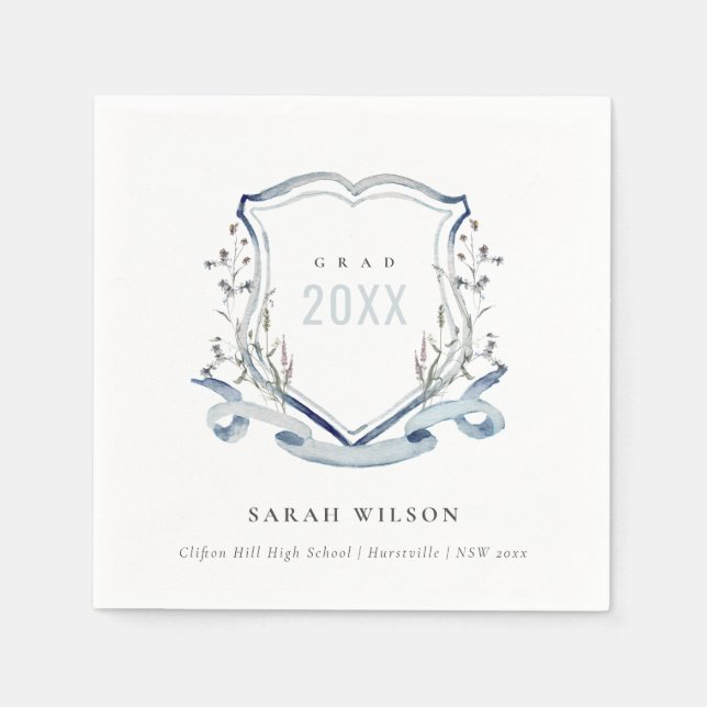 Chic Blue Wildflower Watercolor Crest Graduation Napkin (Front)