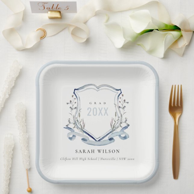 Chic Blue Wildflower Watercolor Crest Graduation Paper Plate (Wedding)
