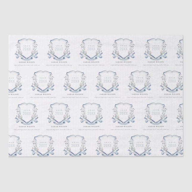 Chic Blue Wildflower Watercolor Crest Graduation Tissue Paper (Front)