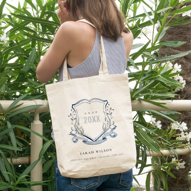 Chic Blue Wildflower Watercolor Crest Graduation Tote Bag (Creator Uploaded)