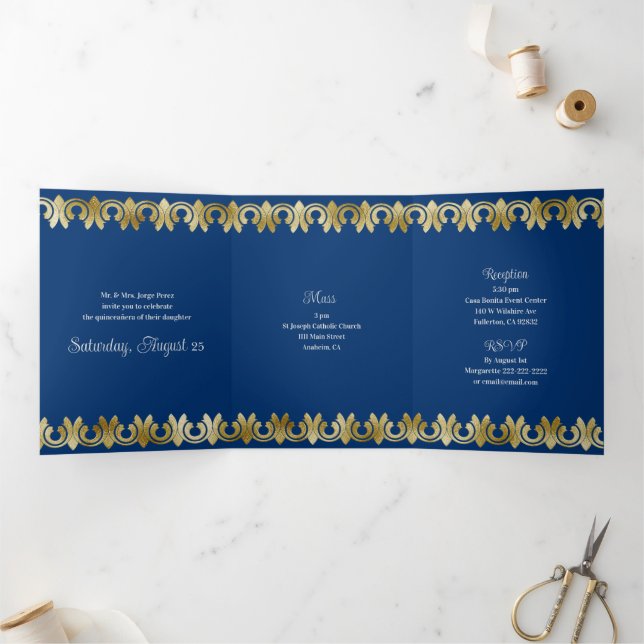 Chic Blue with Gold Quinceanera Party Invitation (Inside)