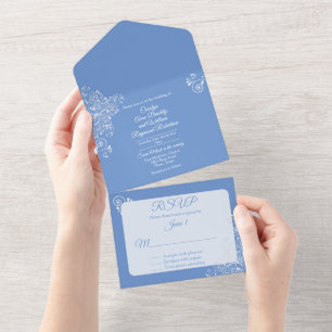 Chic Blue with White Flourishes Wedding All In One Invitation