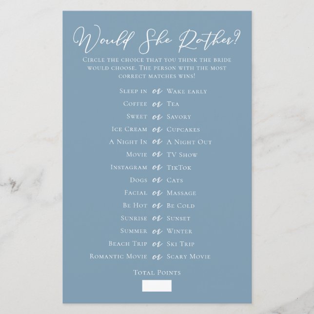 Chic Blue Would She Rather Bridal Shower Game (Front)