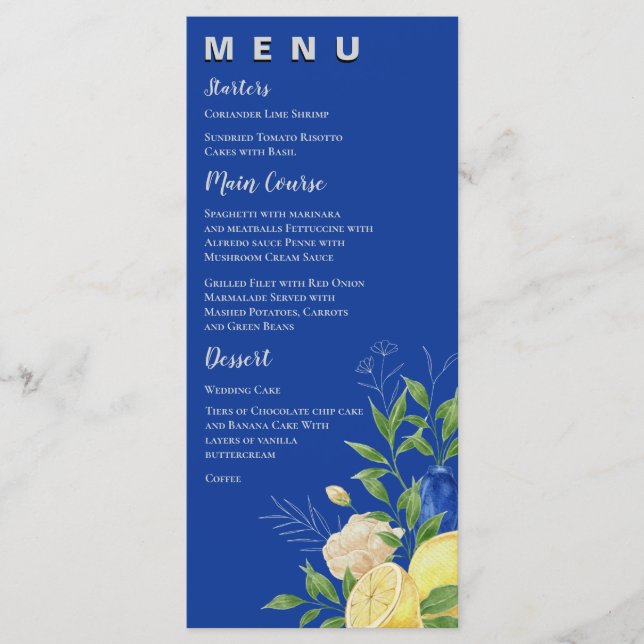 Chic Blue Yellow Floral Lemon Summer Wedding Party Menu (Front)