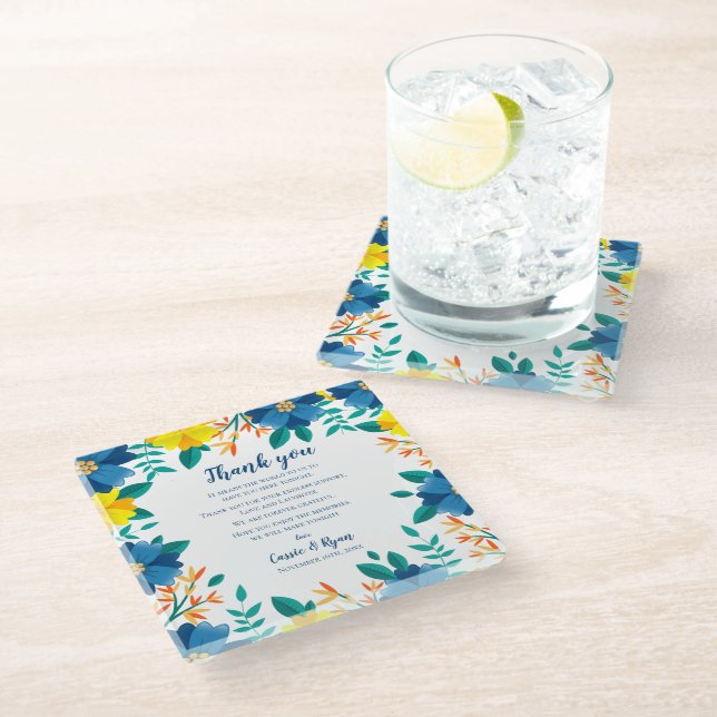 Chic Blue Yellow Floral Wedding Thank you Message Glass Coaster (Angled)