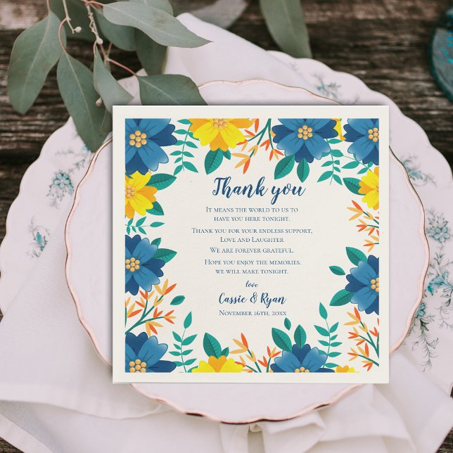 Chic Blue Yellow Floral Wedding Thank you Message Napkin (Chic Blue Yellow Floral Wedding Thank you Message Napkins)