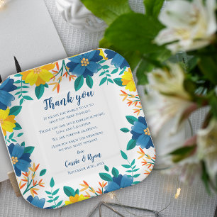 Chic Blue Yellow Floral Wedding Thank you Message Paper Plate
