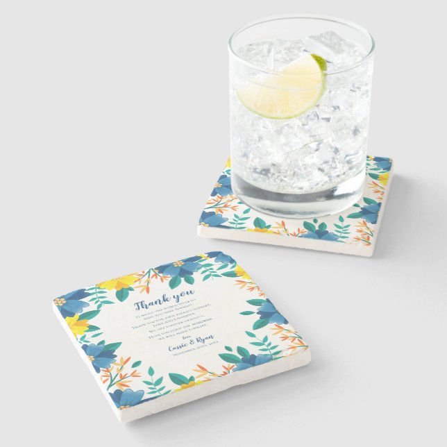 Chic Blue Yellow Floral Wedding Thank you Message Stone Coaster (Side)