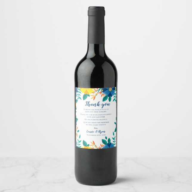 Chic Blue Yellow Floral Wedding Thank you Message Wine Label (Front)