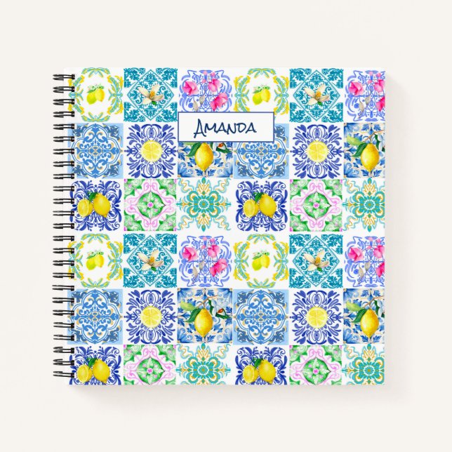 Chic Blue Yellow Sicilian Majolica Tile Pattern Notebook (Front)