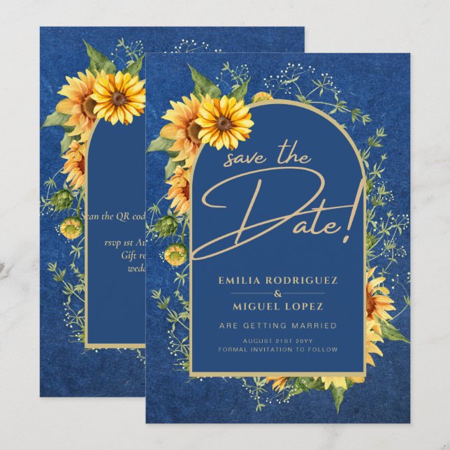 Chic Blue Yellow Sunflowers Wedding All-in-1 Invitation (Front/Back)