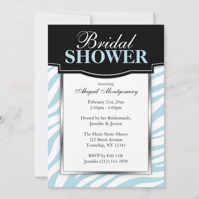 Chic Blue Zebra Print Bridal Shower Invitations (Front)