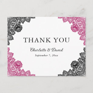 Chic Blush and Black Floral Lace Wedding Thank You Postcard