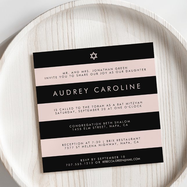 Chic Blush and Black Stripe Bat Mitzvah Invitation (Creator Uploaded)
