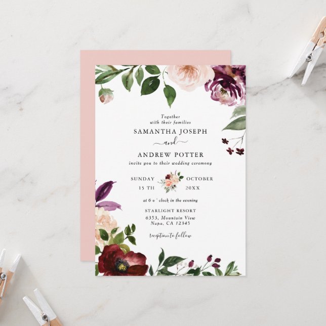 Chic Blush and Burgundy Floral Blossom Wedding Invitation (Front/Back In Situ)