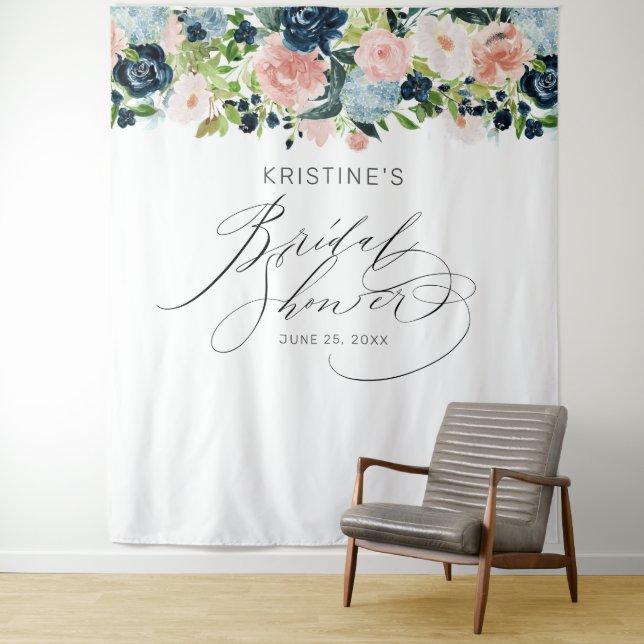 Chic Blush Blue Rose Floral Script Bridal Shower Tapestry (In Situ)