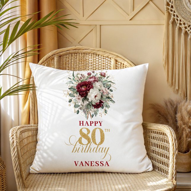 Chic Blush Burgundy 80th Birthday Gift Pillow (Chic Blush Burgundy 80th Birthday Gift Pillow)