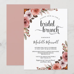 Chic Blush Burgundy and Pink Floral Bridal Brunch Invitation