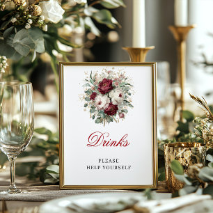 Chic Blush Burgundy Floral Drinks Tabletop Sign