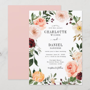 Chic Blush & Burgundy Floral Frame Wedding Invitation