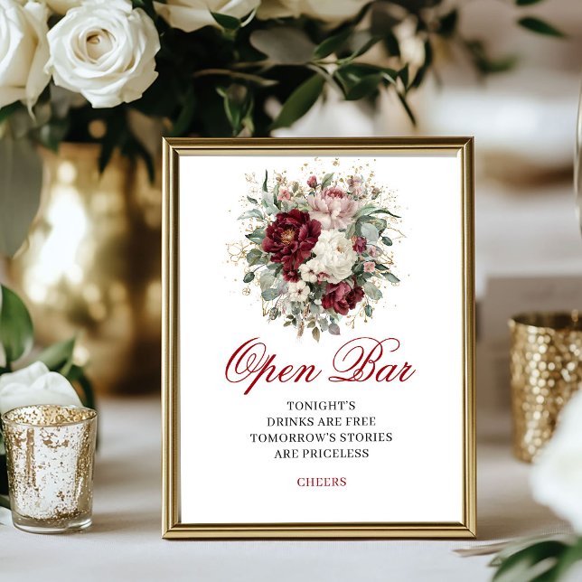 Chic Blush Burgundy Floral Open Bar Sign (Chic Blush Burgundy Floral Open Bar Sign)