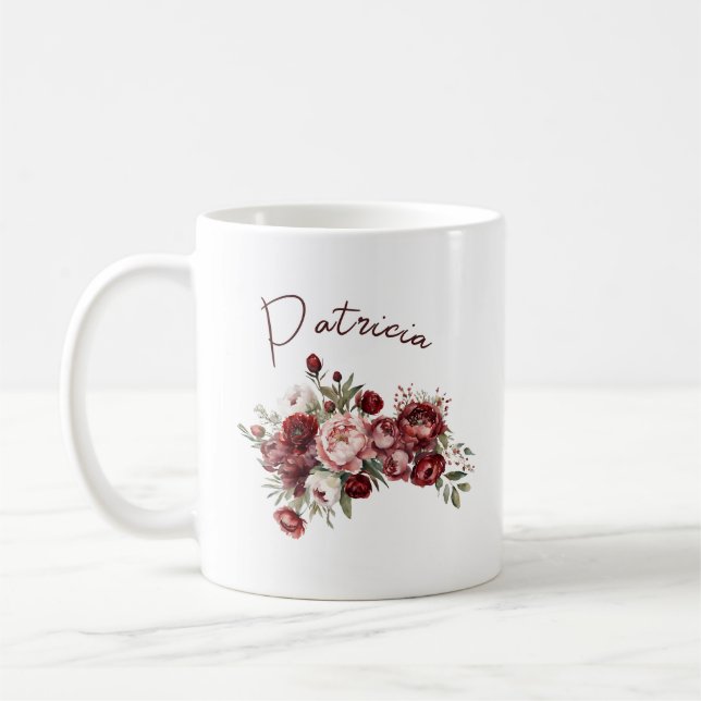 Chic Blush Burgundy Flowers Coffee Mug (Left)