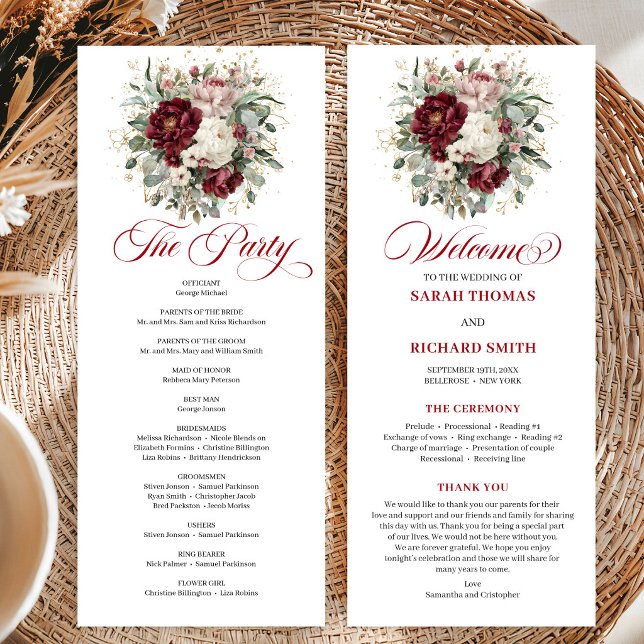Chic Blush Burgundy Gold Wedding Program Card (Chic Blush Burgundy Gold Wedding Program Card)