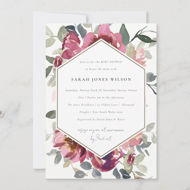 CHIC BLUSH BURGUNDY ROSE FLORAL BABY SHOWER INVITE (Front)